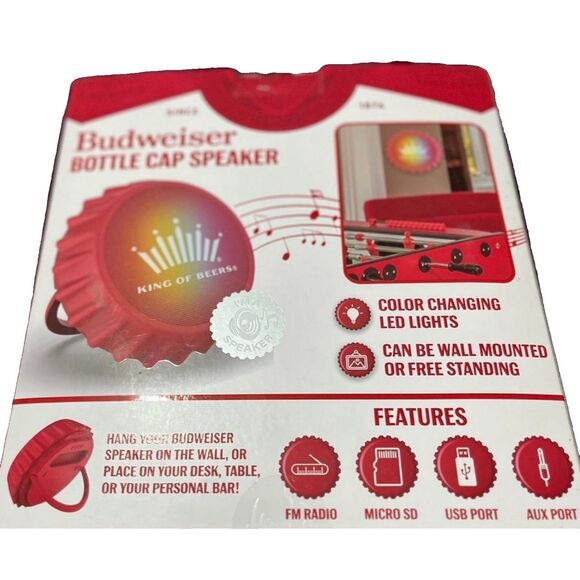 Budweiser Bottle Cap Novelty Bluetooth Speaker / FM Radio Man Cave New In Box - Picture 2 of 2